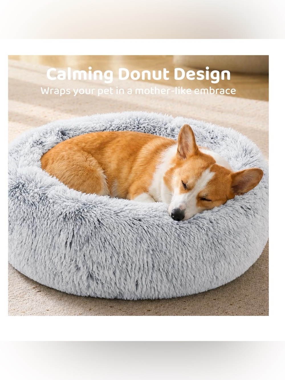 Plush Round Donut Pet Bed in Light Gray for Small & Medium pets, up to 25 lbs - Picture 2 of 8